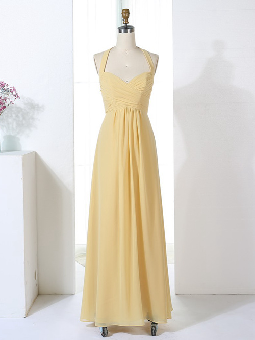 A-line Halter Chiffon Yellow Bridesmaid Dress