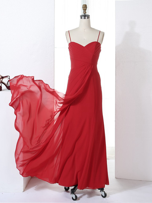 A-line Spaghetti Straps Chiffon Red Bridesmiad Dress