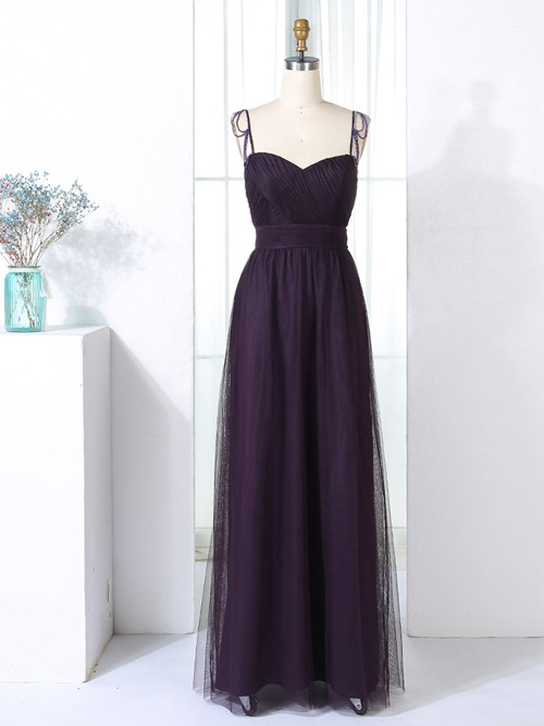 A-line Spaghetti Straps Tulle Purple Bridesmaid Dress