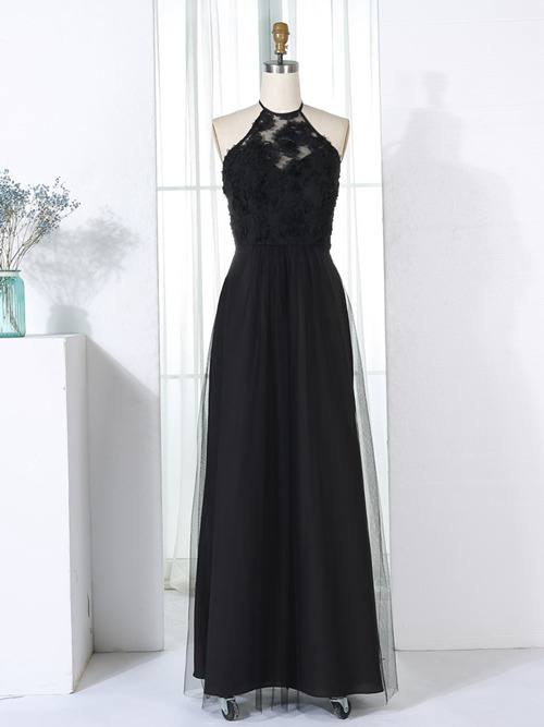 A-line Halter Chiffon Lace Black Bridesmaid Dress