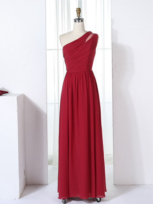 A-line One Shoulder Chiffon Red Bridesmaid Dress
