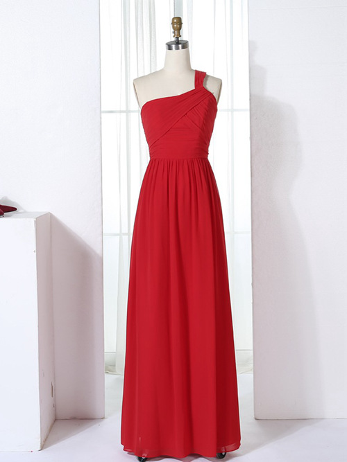 Red A-line One Shoulder Chiffon Bridesmaid Dress