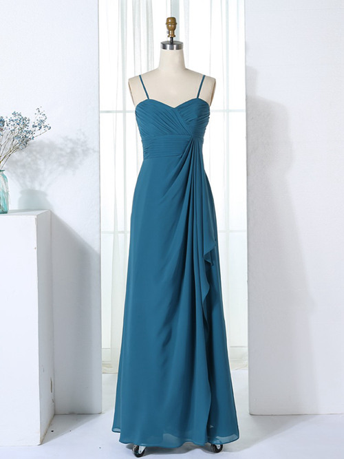 A-line Spaghetti Straps Chiffon Blue Bridesmaid Dress