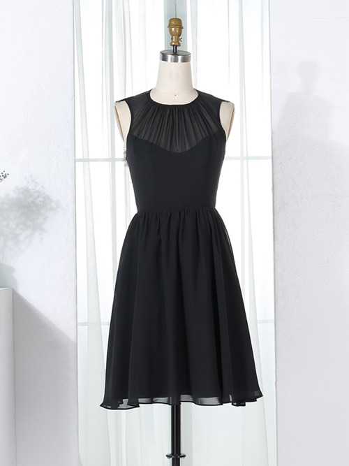 A-line Jewel Chiffon Black Short Bridesmaid Dress