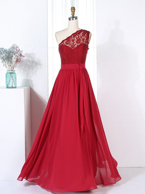 A-line One Shoulder Chiffon Lace Burgundy Bridesmaid Dress