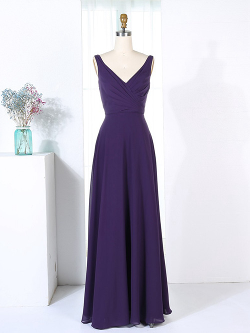 A-line V Neck Chiffon Purple Bridesmaid Dress