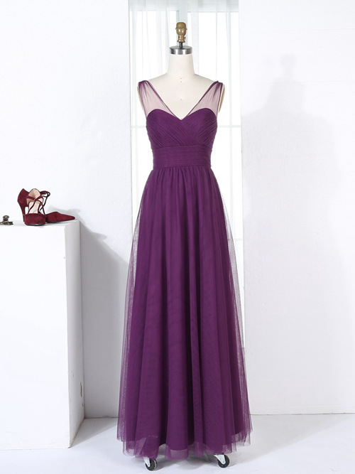 A-line V Neck Tulle Purple Bridesmaid Dress