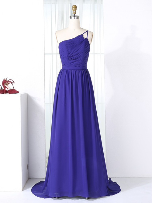 A-line One Shoulder Chiffon Blue Bridesmaid Gown Ruched