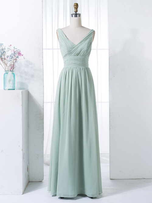 A-line V Neck Chiffon Mint Bridesmaid Dress