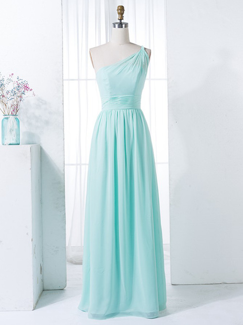 A-line One Shoulder Mint Chiffon Bridesmaid Dress