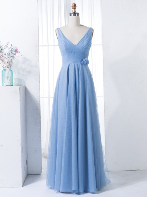 A-line V Neck Tulle Blue Bridesmaid Dress Ruched