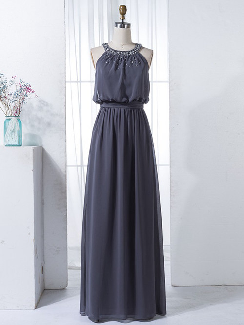 A-line Halter Chiffon Gray Bridesmaid Gown Beads