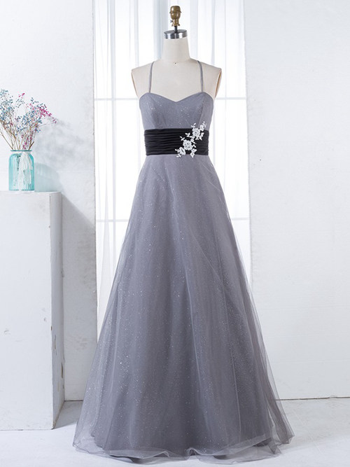 A-line Spaghetti Straps Tulle Gray Bridesmaid Dress