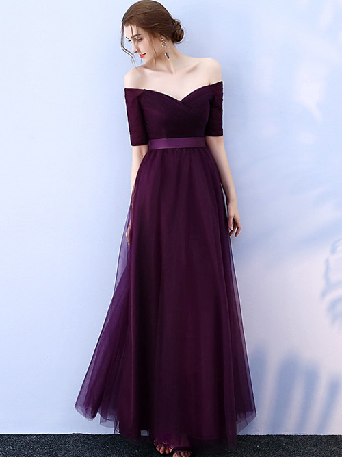 A-line Off Shoulder Tulle Sleeves Bridesmaid Dress