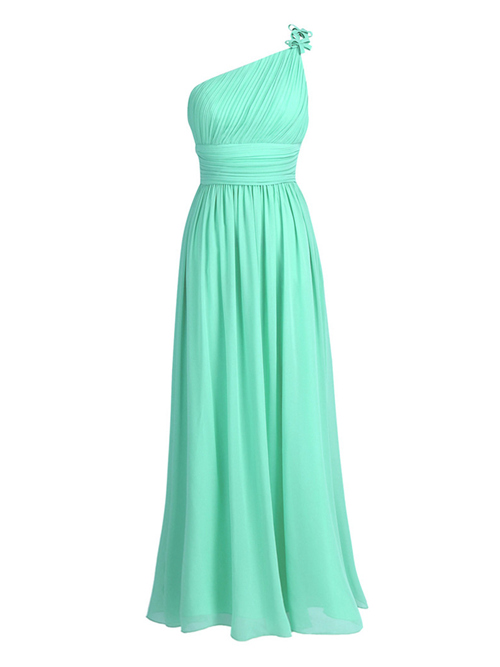 A-line One Shoulder Chiffon Mint Green Bridesmaid Dress Ruched