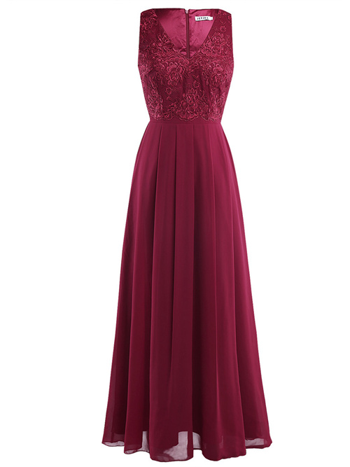 A-line V Neck Chiffon Lace Burgundy Bridesmaid Dress