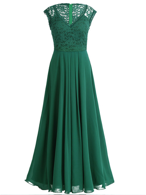 A-line V Neck Chiffon Lace Green Bridesmaid Dress