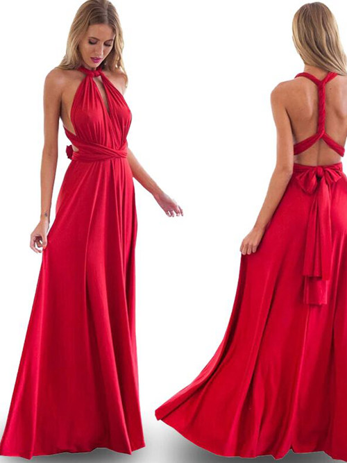 A-line Halter Satin Red Bridesmaid Dress