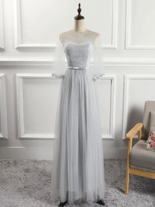 A-line Sheer Tulle Sleeves Bridesmaid Dress Applique