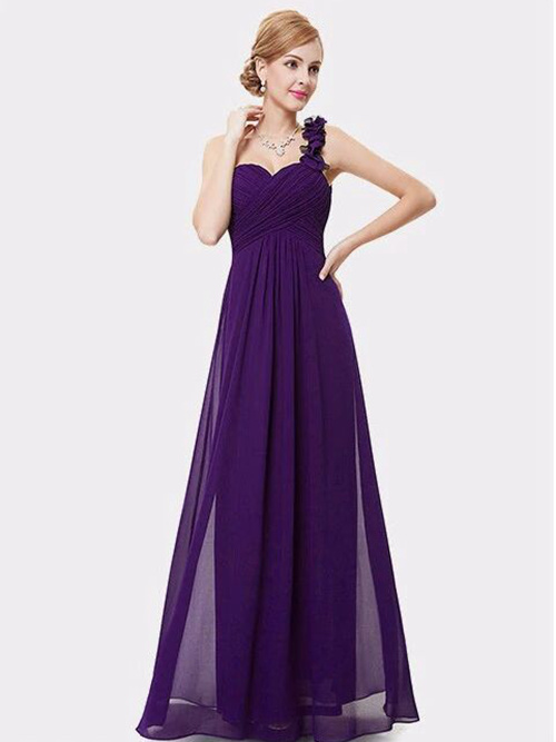 A-line One Shoulder Chiffon Purple Bridesmaid Dress Frills