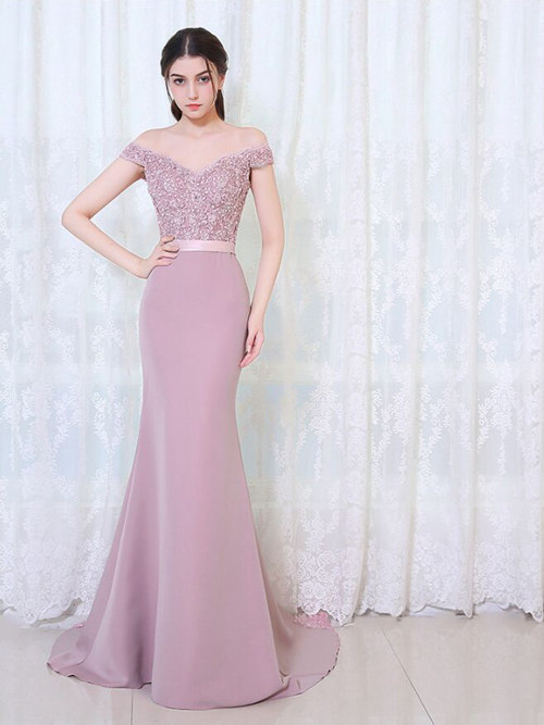 Mermaid Off Shoulder Satin Lace Bridesmaid Gown