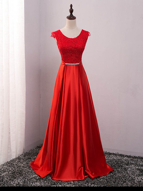 A-line Scoop Satin Lace Bridesmaid Gown