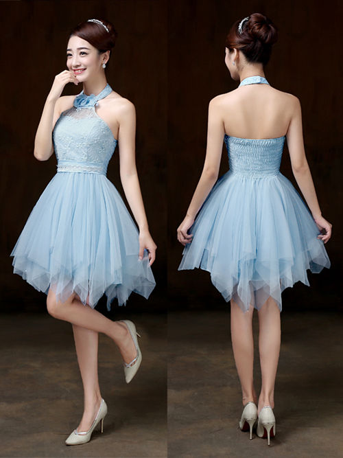 A-line Halter Tulle Lace Short Bridesmaid Dress