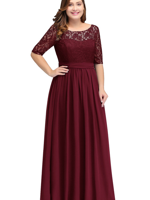 A-line Scoop Lace Sleeves Chiffon Bridesmaid Dress