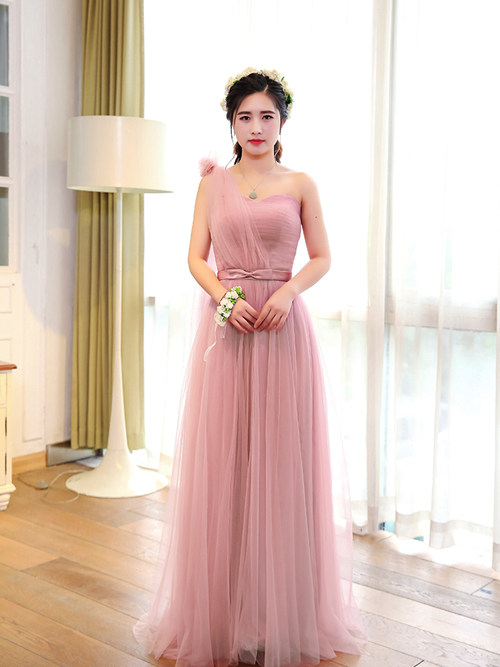 A-line One Shoulder Tulle Bridesmaid Gown Pleats
