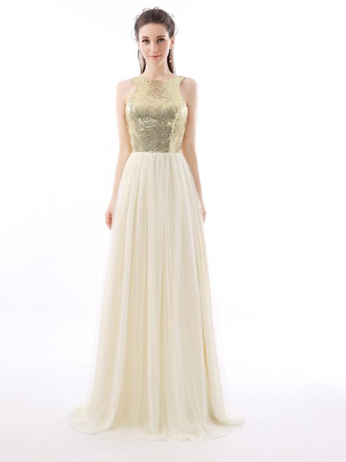 A-line Bateau Sequins Tulle Bridesmaid Dress
