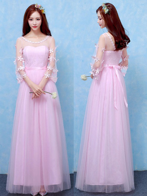 A-line Scoop Tulle Sleeves Bridesmaid Dress Appliques