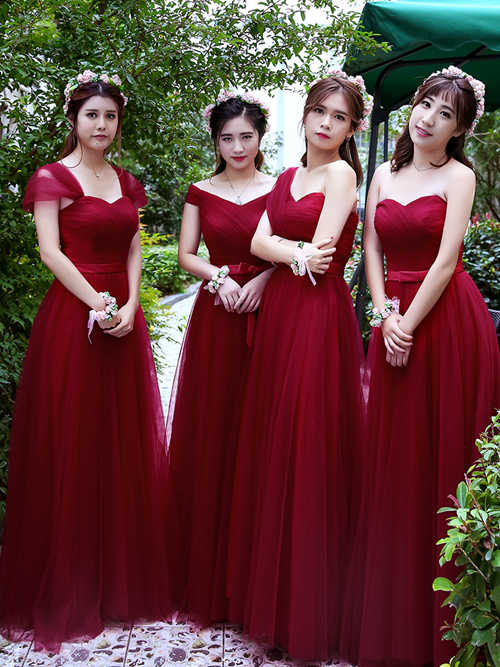 A-line Tulle Burgundy Bridesmaid Dresses