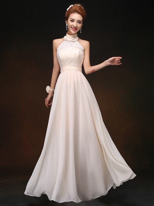 A-line Halter Chiffon Lace Bridesmaid Dress