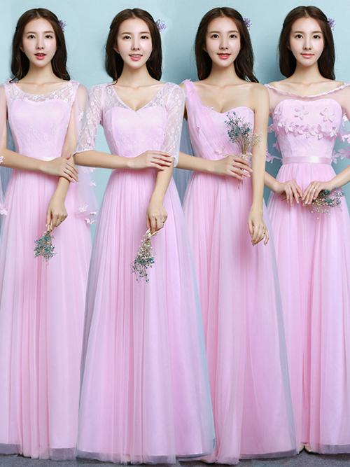A-line Tulle Pink Bridesmaid Dresses