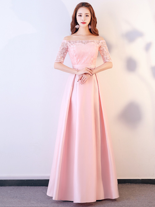 A-line Off Shoulder Lace Sleeves Satin Bridesmaid Dress