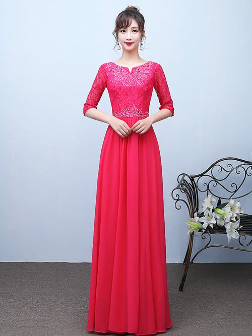 A-line Scoop Chiffon Lace Sleeves Bridesmaid Dress Beads