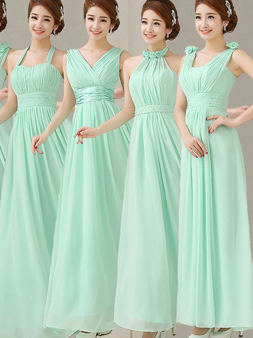 A-line Chiffon Mint Green Bridesmaid Dresses Pleats