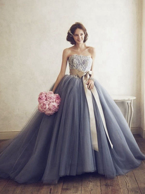 Ball Gown Strapless Tulle Lace Long Evening Dress Belt