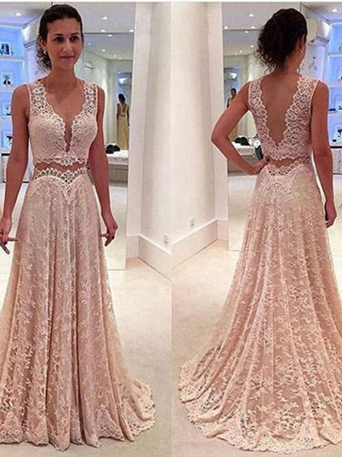 A-line V Neck Lace Evening Gown