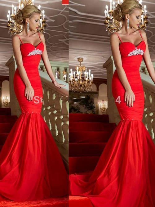 Mermaid Spaghetti Straps Chiffon Long Red Evening Dress