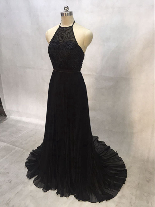 A-line Halter Long Chiffon Black Evening Dress