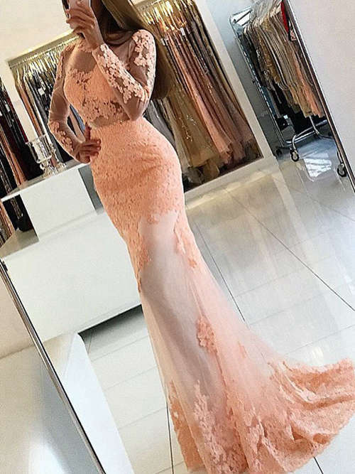 Mermaid High Neck Long Sleeves Lace Evening Dress