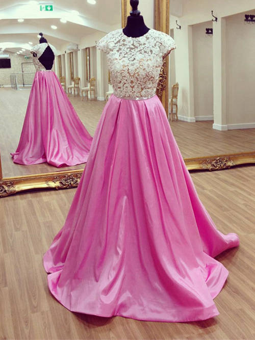 A-line Jewel Long Satin Lace Evening Dress