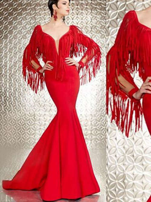 Mermaid V Neck Satin Long Red Evening Dress Strips