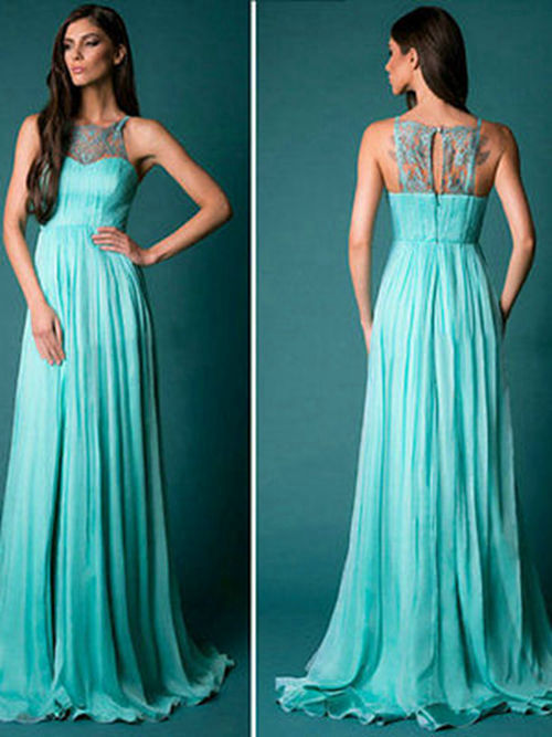 A-line Jewel Chiffon Lace Long Evening Dress