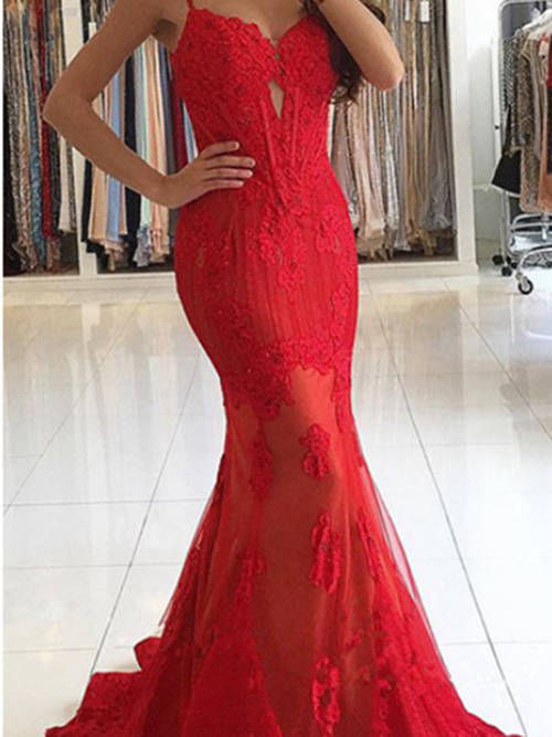 Mermaid Spaghetti Straps Sweep Train Lace Red Evening Dress