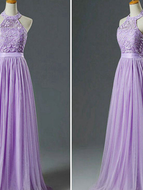 A-line Halter Floor Length Tulle Lace Evening Dress