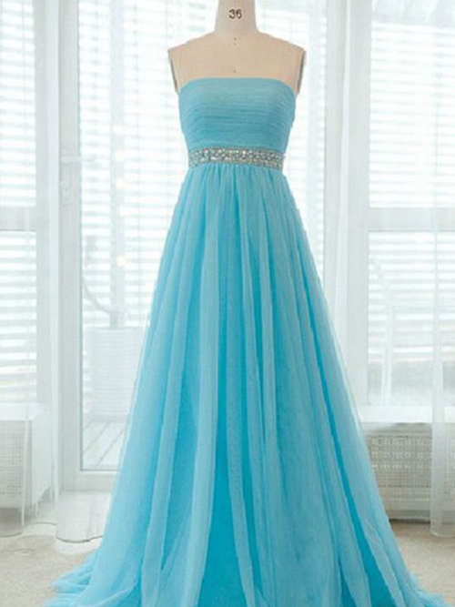 Empire Strapless Brush Train Tulle Evening Gown Beading