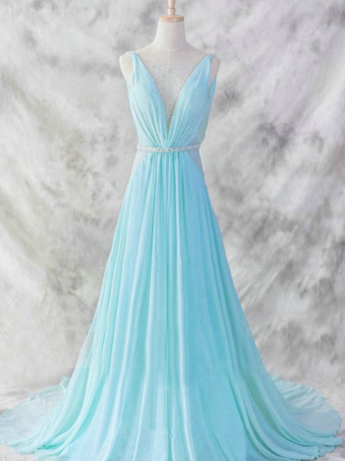 A-line V Neck Sweep Train Chiffon Evening Gown