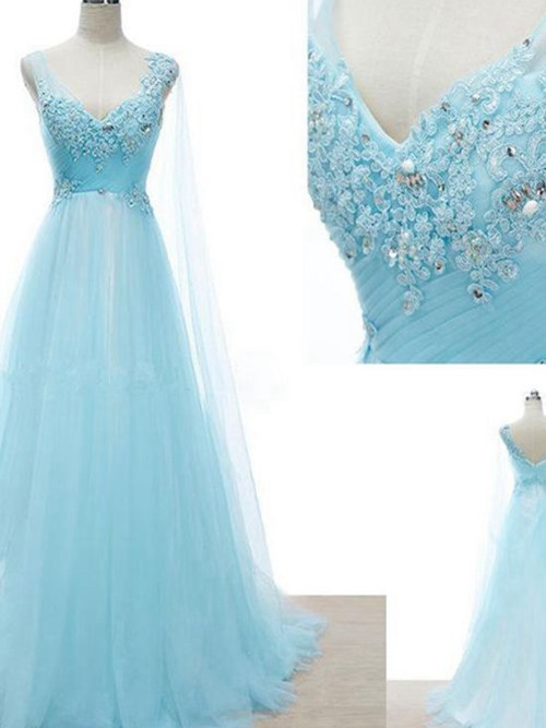 A-line V Neck Sweep Train Tulle Evening Wear Beading